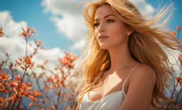 a woman with long, blonde hair and an elegant top on