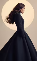 a woman is wearing black dress in front of a circular background