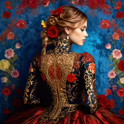 a woman in a red dress with flowers in her hair