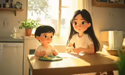 a couple of small children sitting at a table