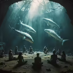 some people are under the water, and some dolphins