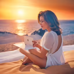woman sitting in desert with laptop computer, reading a letter