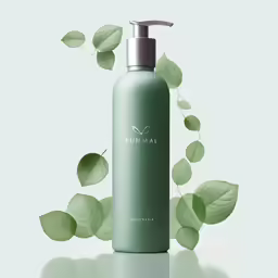 a bottle of green liquid with leaves surrounding it
