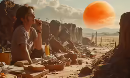 a young woman is sitting on rocks and looking at the sky