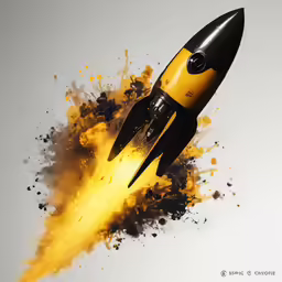 a small, yellow, and black rocket flying through the air