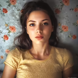 the young woman is posing in front of a floral wallpaper