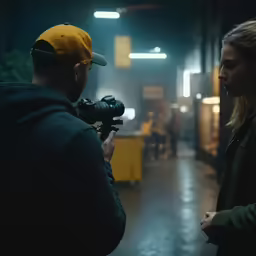 a man and woman standing next to each other holding cameras