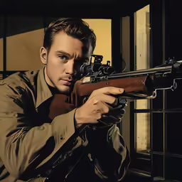 a man wearing tan jacket with rifle by a caged fence