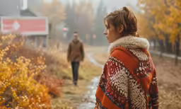 a woman is walking down a path while the man in the sweater looks off into the distance