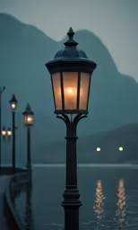 a couple of lamps sitting on top of a pier