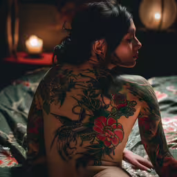 a woman with many tattoos on her body,a person that is on a bed with tattoos