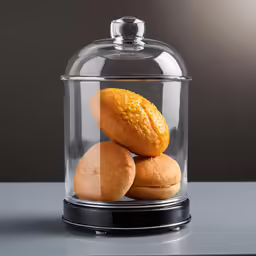 several muffins inside of a glass container on top of a counter