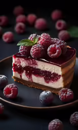 the raspberry cheesecake is topped with dark berries