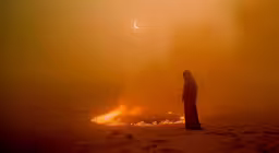 a person is standing on a snowy hill with a large fire in the middle,a dark colored sky with sun shining down and a tree stump burning in the snow