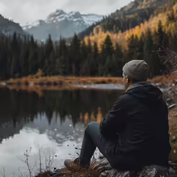 a man sitting on the rocks next to a lake