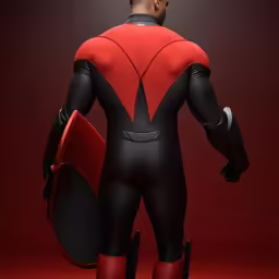 an animated man wearing a black and red suit