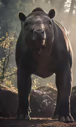 a rhino standing on the ground with its nose open
