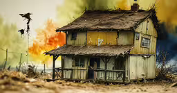 a house with a thatch roof on a dirty land,a home with fire going through the window