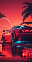 a futuristic sports car parked in the rain with the sunset