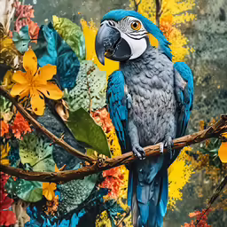 the large parrot is perched on the branch near many colorful flowers