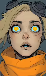 a close - up of a young girl with yellow eyes, wearing a scarf