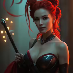 a woman in a costume holds a long, wooden stick
