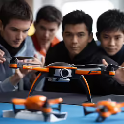 people are looking at a small orange remote controlled airplane