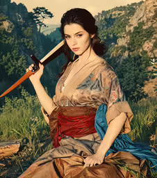 a woman wearing an oriental style dress sits on the ground holding a sword,the young woman is dressed up as a geisha