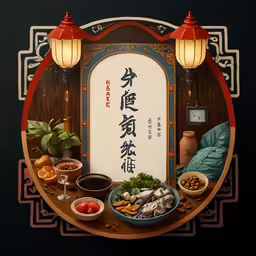 a circular frame with food and oriental writing