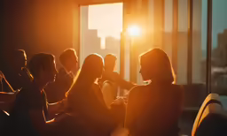 several people sitting in chairs with their hands folded, while the sun sets