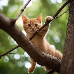 an orange cat standing up on a branch