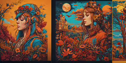 three colored images of a woman with autumn foliage,three different pictures of a woman standing in the woods
