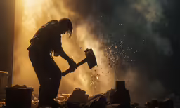 a woman in a smoky building holding a pick axe and fire in the air