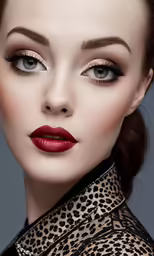 a woman with brown eyes and a leopard print shirt