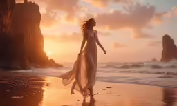 a woman wearing a long white dress walking along the beach at sunset