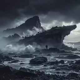 dark, cloudy skies are above the ocean with some rocks