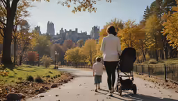 a woman and a child walking on a path near trees