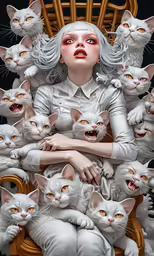 the woman is sitting on a chair with lots of cats