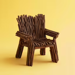 an unusual wood chair that sits on yellow background