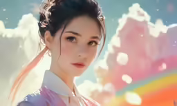 an anime girl has long brown hair and looks up at the camera