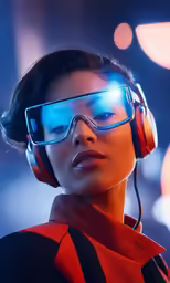 a woman in bright blue glasses and red headphones