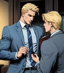 two cartoon style men with blonde hair standing next to each other,a man looking at his cell phone while another man looks down at him