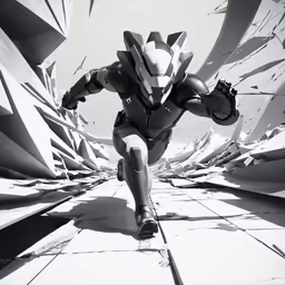 a man wearing a futuristic suit running in front of an abstract background