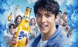 the man is holding up an orange beverage