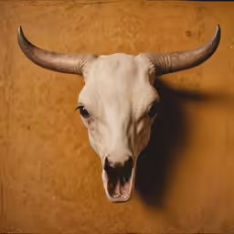 a cow with horns that are standing on the wall