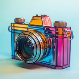 a digital camera sitting up against a blue background