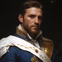 a male in a blue and gold jacket, wearing an ornately decorated sash