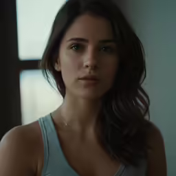 the young woman has long dark hair and has a serious look on her face