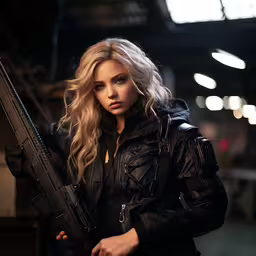the woman is holding an automatic rifle in her hand,a young lady wearing leather holds an automatic rifle
