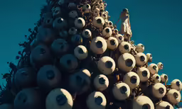 a tall sculpture with many eyes and nose holes